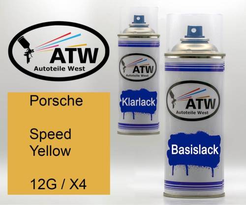 Porsche, Speed Yellow, 12G / X4: 400ml Sprühdose + 400ml Klarlack - Set, von ATW Autoteile West.